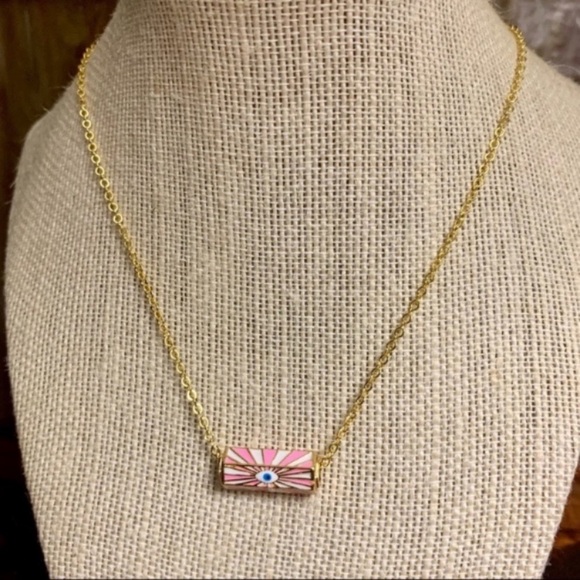 Evil Eye Charm Necklace in Pink White and Gold 18k GF Chain - Picture 4 of 7
